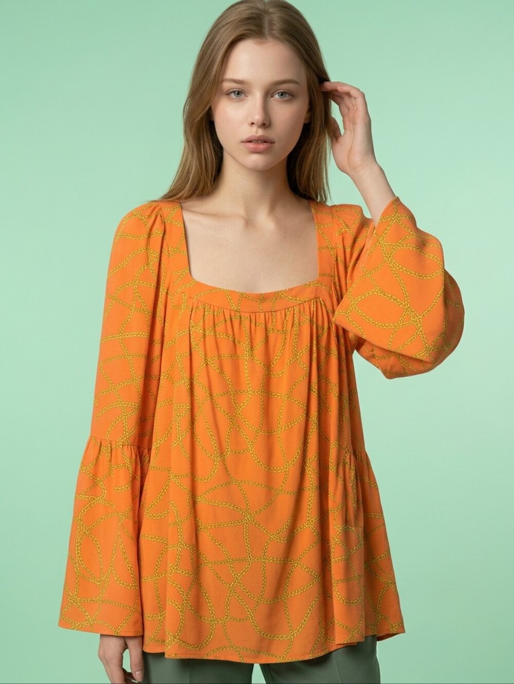 Michael Kors Orange Chain-Print Peasant Top